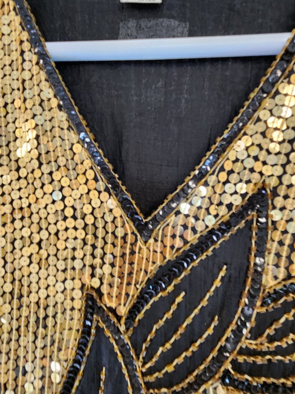 Vintage Black Silk / Gold Sequin Midi Dress 1980s Leaf Pattern - Picture 6 of 12